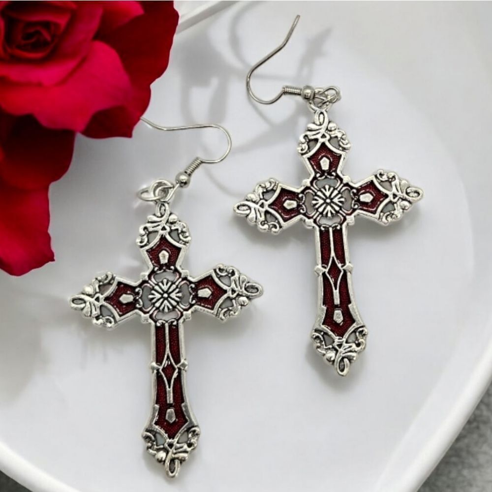 Ornate Red Enamel 3" Cross Earrings Christian Prayer Pendant Religious Jewelry